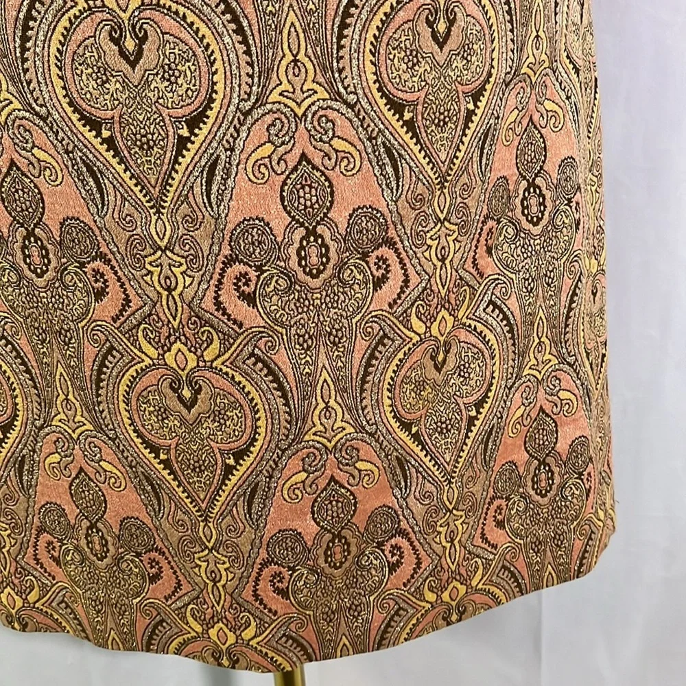 Talbots Pink Yellow & Metallic Gold Jacquard Print Silk Blend Pencil Skirt